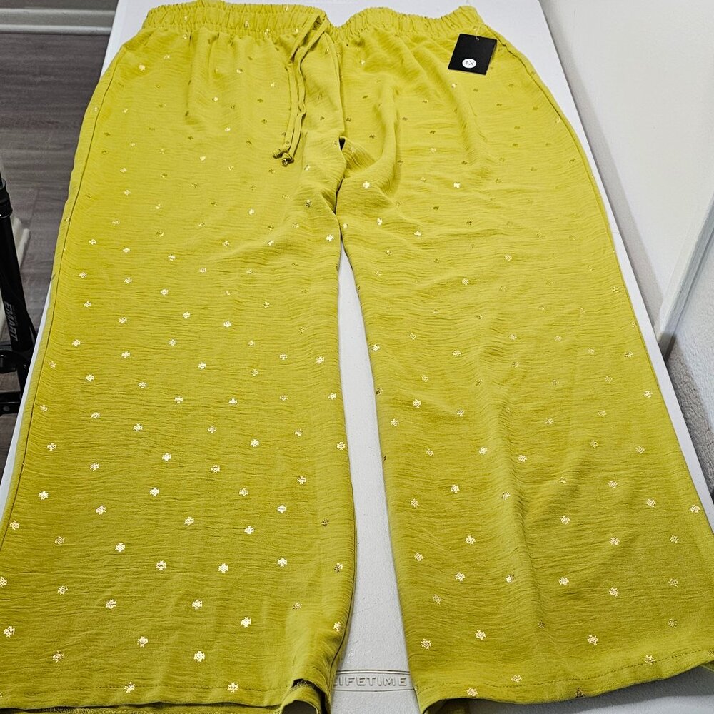 Golden Radiance Wide-Leg Trouser Pants Size 1X | Elastic Waist | Flowy & Chic